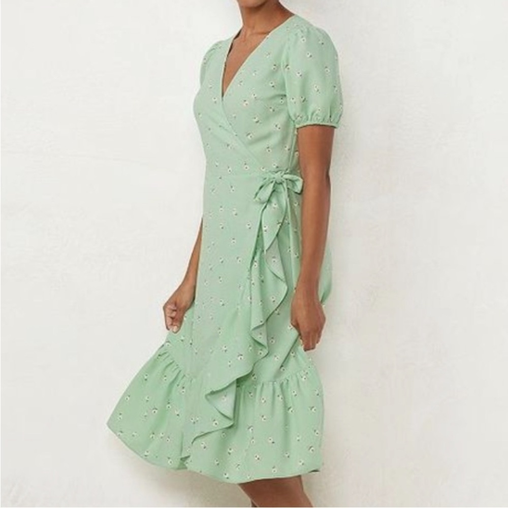 Lauren Conrad Floral Print Puff Sleeve Wrap Midi Dress Green Size Large